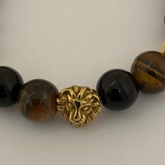 Mens Tiger Eye Black Onyx Bracelet 10mm Lion Head - Picture 2 of 3
